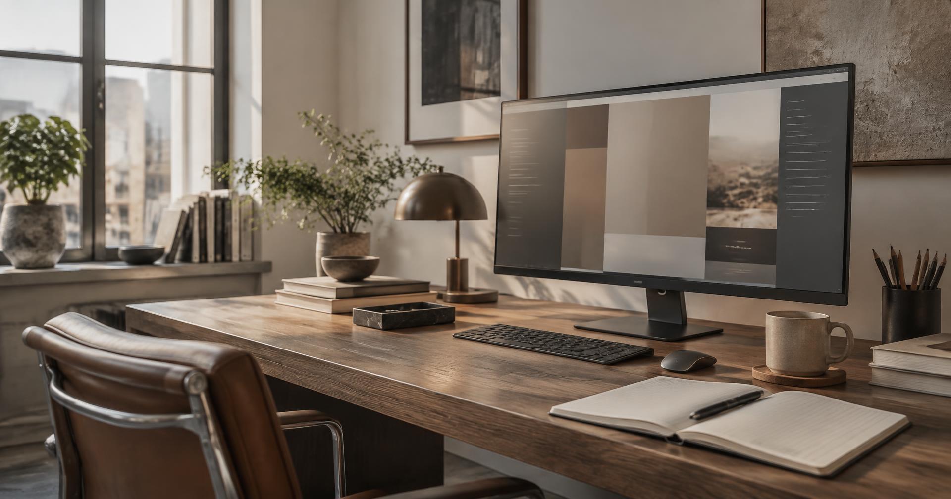 A quiet studio desk with a wide monitor, notebook and warm daylight